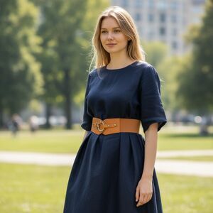 NWOT Women Wide Brown Elastic Band Belt faux leather brass ring and hook 38"